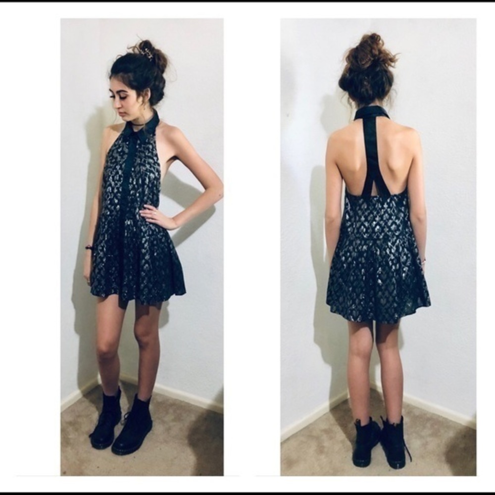 Free People Tuxedo Metallic Silver Navy Dress XS‎